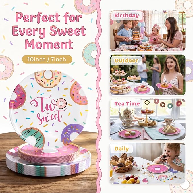 Liacere 32Pcs Donut Party Plastic Plates - Donut Birthday Party 7/10-Inch Dessert Plates Disposable Tableware Dinnerware for Two Sweet Girls' Birthday