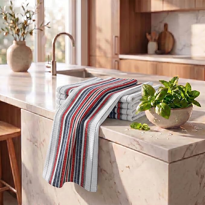 Urban Villa Kitchen Towels, Premium Quality, Cotton Dish Towels,Mitered Corners,Ultra Soft (Size: 20X30 in), White Waffle Stripes, Highly Absorbent Bar Towels & Tea Towels - (Set of 6)