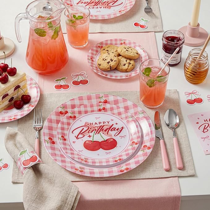 Liacere 32PCS Cherry Birthday Party Plastic Plates for 16 Guests - Includes 10 Inch Dinner and 7 Inch Dessert Disposable Plates - Red Gingham & Cherry Pattern - Ideal for Birthday Party