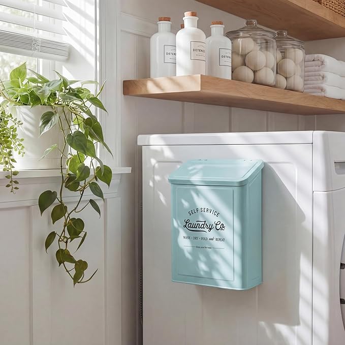 MONJITA Magnetic Lint Bin for Laundry Room, Metal Trash Can with Lid for Dryer, Farmhouse Lint Holder, Laundry Co Sign, Laundry Room Storage Decor with Dryer Lint Brush (Mint)