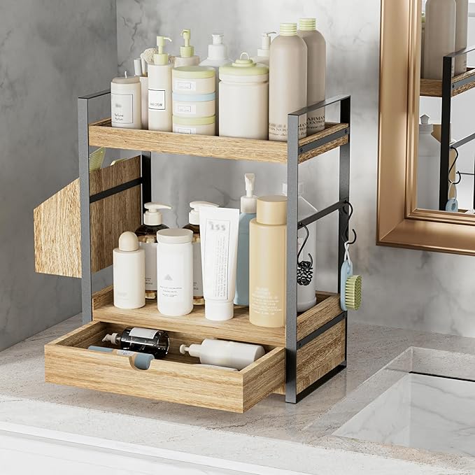 Kottwca 2-Tier Bathroom Counter Organizer with Drawer, Basket & Hooks, Wooden Vanity Shelf for Skincare, Perfume & Makeup Storage(Light Brown)