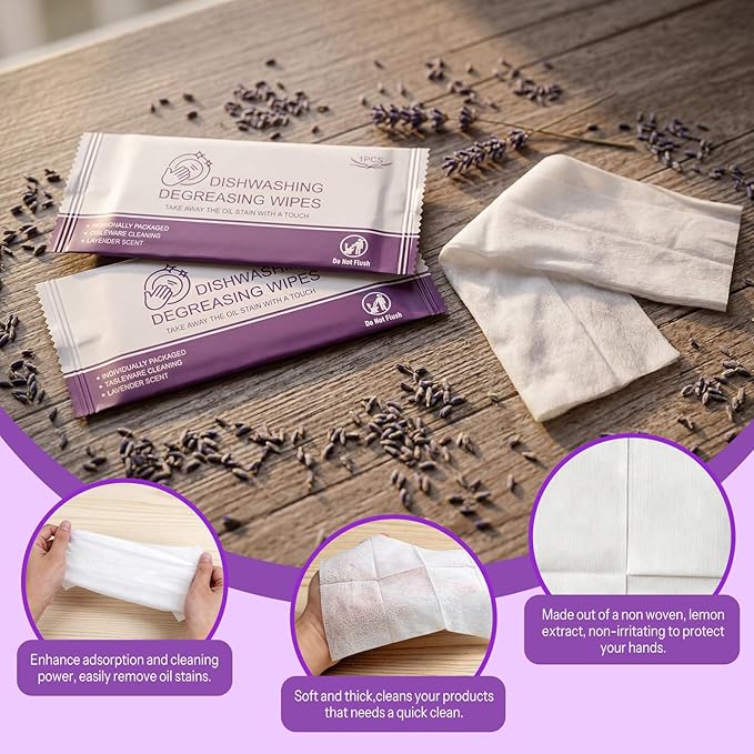 Dish Wipes for Camping Individually Wrapped Dish Cleaning Wipes Travel Lavender Scent 7.7”x 7.3” Disposable for Kitchen Outdoor Traveling RV Quick Clean (Pack of 200)