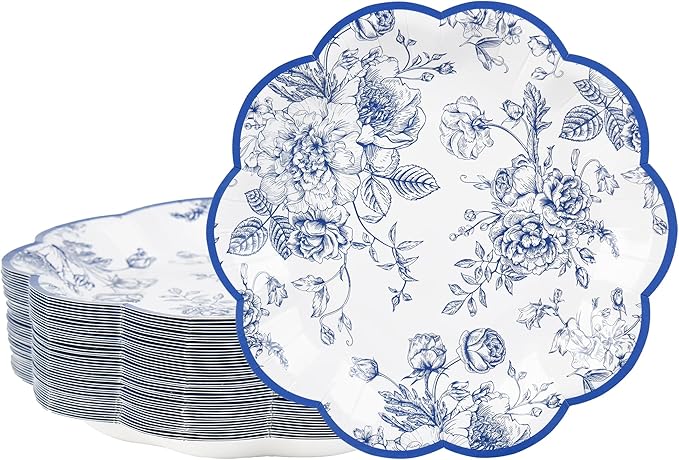 48 Pcs Blue Floral Party Plates Vintage Floral Leaf Disposable Paper Plates Wildflower Blue Toile 7" Scalloped Rim Dessert Plates for Birthday Bridal Garden Tea Party Supplies