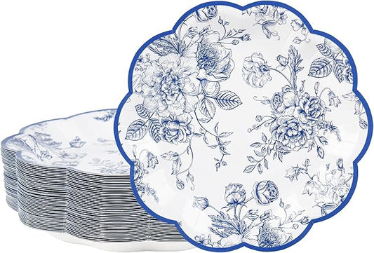 48 Pcs Blue Floral Party Plates Vintage Floral Leaf Disposable Paper Plates Wildflower Blue Toile 7" Scalloped Rim Dessert Plates for Birthday Bridal Garden Tea Party Supplies
