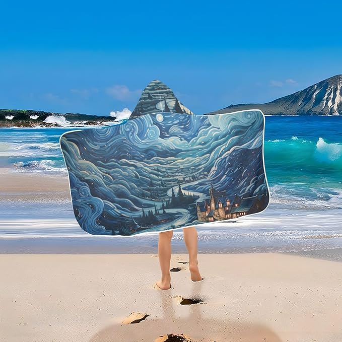 Hooded Towel for Kids Village Starry Night and Clouds Beach Wrap Bath Towels 50x23.5in