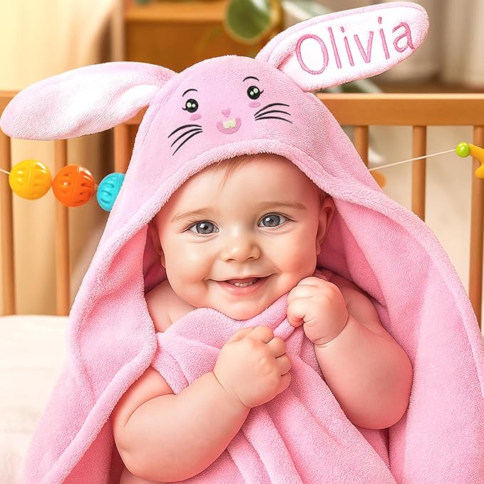 Baosity Custom Hooded Bath Towel for Babies,Soft Highly Absorbent Bunny Baby Towel with Name,Baby Towels for Newborn,Personalized Baby Shower Easter Birthday Gifts for Toddler Girls Boys