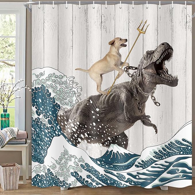Boziqr Funny Dog Shower Curtain, Japanese Ocean Wave Dinosaur Rustic Barn Door Decor Fabric Bathroom Curtains Set, Cute Animal Kids Polyester Fabric Waterproof, 70 X 70 Inches