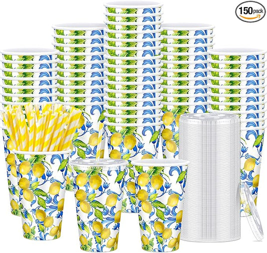 Tessco 150 Pcs 50 Sets Capri Lemon Paper Cups with Lids and Straws 16 oz Blue Tiles Italian Lemon Cold Cups for Amalfi Coast Party Bridal Shower Wedding Supplies