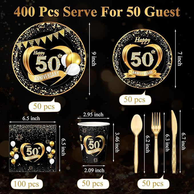 Pickmesh 400 Pcs 50th Wedding Anniversary Party Supplies - Black and Gold Disposable Paper Plates, Napkins and Cups - Tableware Decorations for Men and Women
