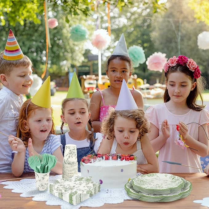 Kochorie 144 Pieces Sage Green Floral Paper Plates and Napkins Party Supplies Sage Green and White Flower Tableware Set Include Vintage Scalloped Plate Napkin Cups Forks for Wedding Birthday Tea Party