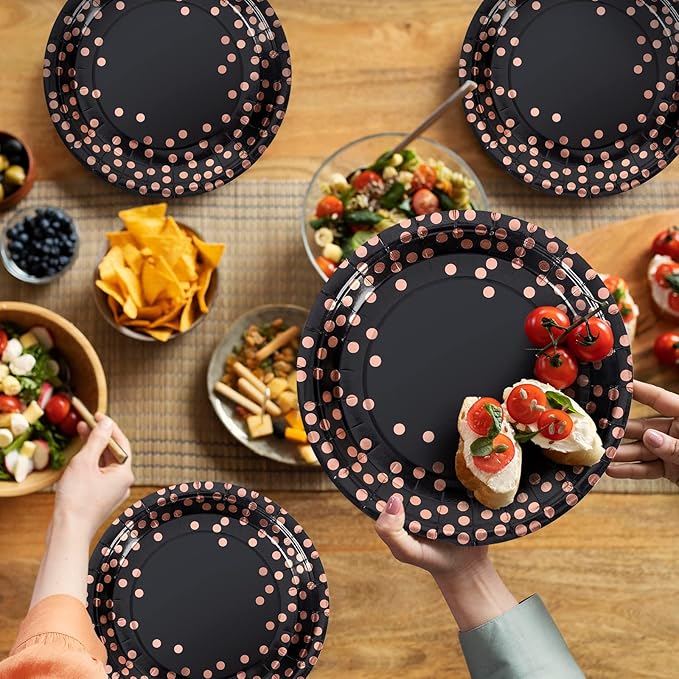 Black & Rose Gold Dots Party Paper Plates, 50 PCS Disposable Party Supplies Dessert Paper Plate for Birthday Wedding Graduation Supplies (7 inches)