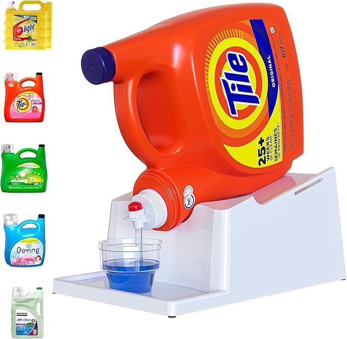 TidyFriend No-Spill Liquid Laundry Detergent Dispenser Holder, Laundry Soap Dispenser Holder with Drip Tray for Laundry Room Organization (No Strap, White)