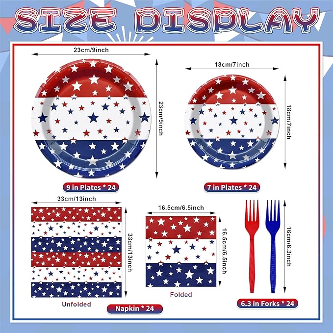 96 Pieces Patriotic Tableware Set Party Supplies - American Flag Pattern Disposable Dinnerware with Paper Plates, Napkins, Forks for Fourth of July, Memorial Day, Veterans Day, BBQ Picnic Favors