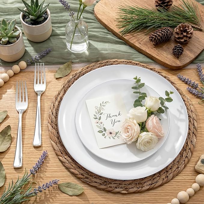 KIRE 100PCS Silver Plastic Plates - Heavy Duty White Disposable Plates with Silver Rim for Party/Wedding - Include 50Pcs 10.25inch Dinner Plates and 50Pcs 7.5inch Dessert Plates for Party/Father's Day