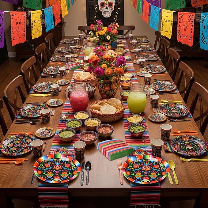 Havawish 350 Pcs Mexican Party Supplies Fiesta Disposable Tableware Set Flower Serape Stripe Oval Paper Plates Cups Napkins Fork Knife Spoon Dinnerware for Cinco De Mayo Mexico Table Decor