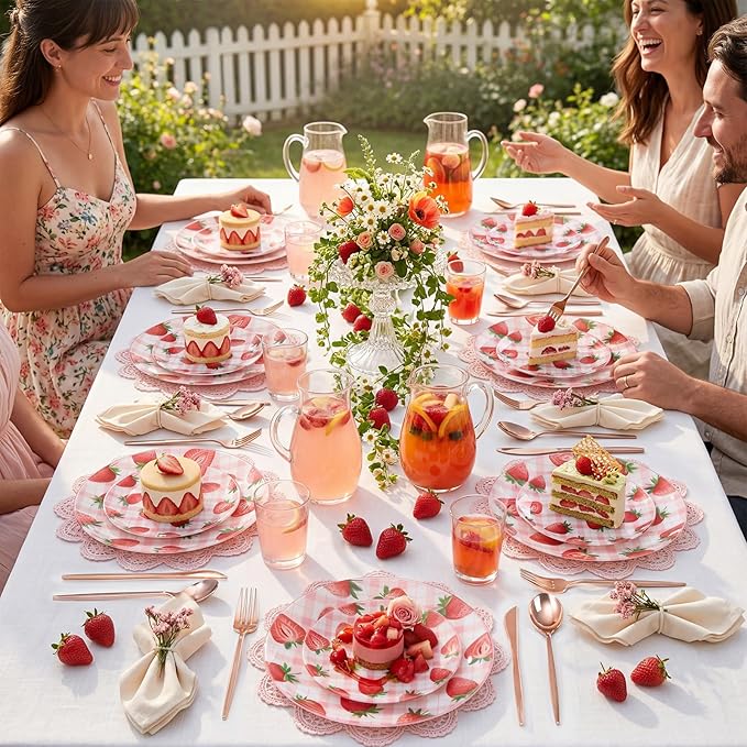 Liacere 32Pcs Strawberry Plastic plates - Strawberry Checkered Disposable Tableware - 16 Dessert Plates, 16 Dinner Plates, Ideal for Spring Picnics, Parties, Birthdays, and Gatherings