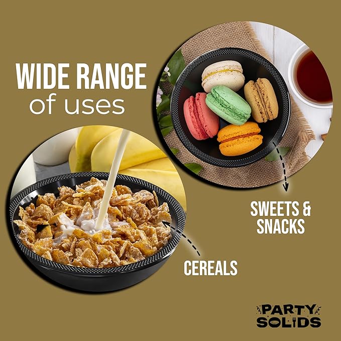 Party Solids 12 Oz Black Plastic Bowls Disposable Bowls for Hot Food Soup 50 Pcs - For Soup, Salad, Cereal, Desserts & Party Supplies