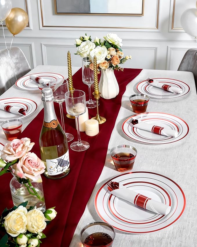 Goodluck 350 Piece Red Plastic Dinnerware Set for 50 Guests, Fancy Disposable Plates for Party, Include: 50 Dinner Plates, 50 Dessert Plates, 50 Pre Rolled Napkins with Silverware, 50 Cups