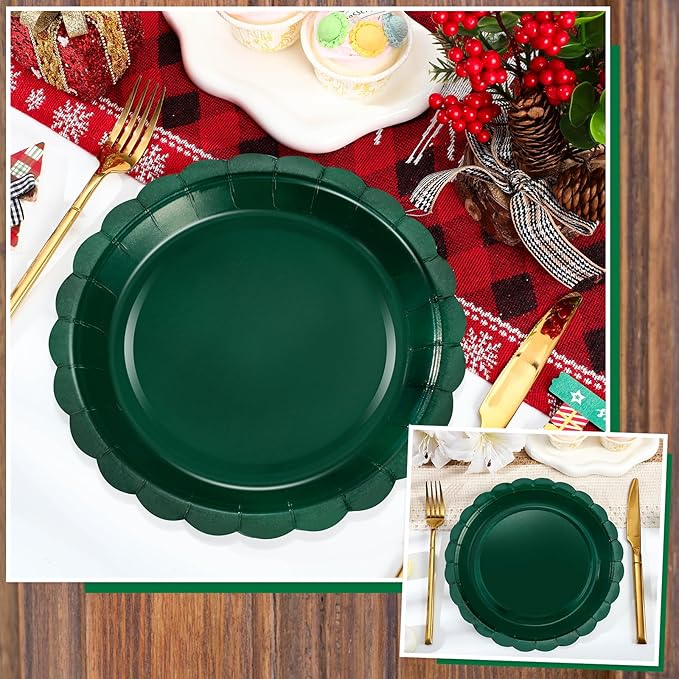 NatNarr 30 Pcs Dark Green Plates 9 Inch Scalloped Green Paper Plates Disposable Dessert Dinner Plate for Wedding, Master Party, Bridal Baby Shower