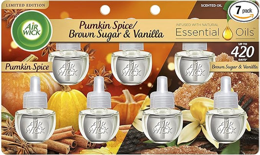 Air Wick Plug in Scented Oil Refill, 7ct, Pumpkin + Brown Sugar Mixed Pack, Fall Scent, Essential Oils, Air Freshener