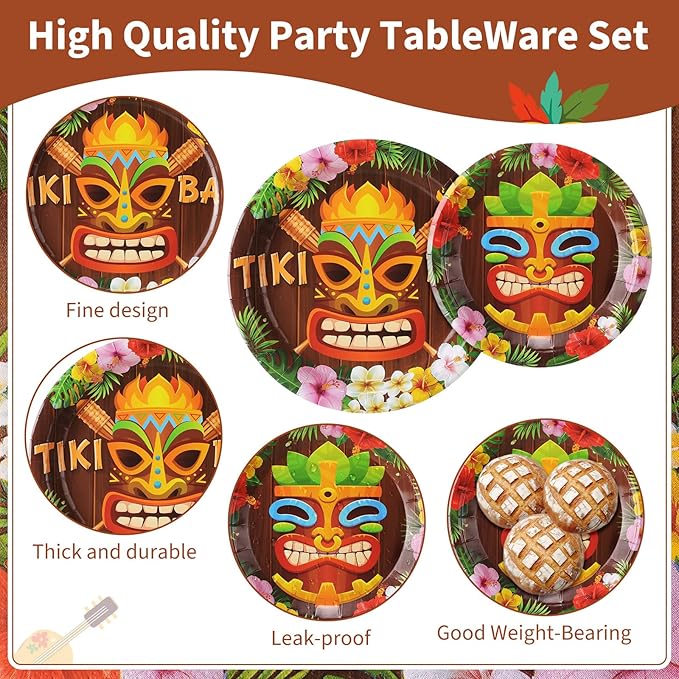 Pickmesh 400 Pcs Hawaiian Tiki Bar Party Supplies - Disposable Tiki Plates and Napkins, Cups and Cutlery Party Favor Hawaiian Luau Decorations for 50 Guests
