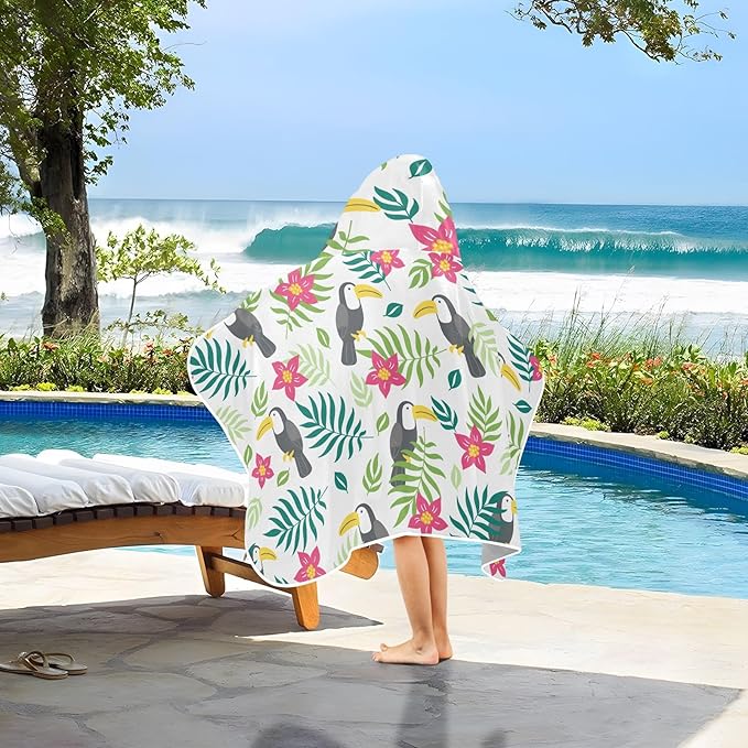 susiyo Kids Hooded Bath Towel Toucan Flowers Beach Towel for Kids 23.5 x 50 Inch Microfiber Soft Absorbent Quick Dry Bath Swim Pool Towel Wrap Poncho Bathrobe with Hood for Kids Toddler