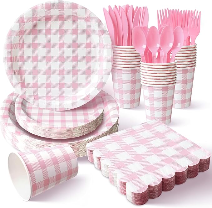 Vyntra 175 Pcs Pink & White Checkered Gingham Paper Plates and Napkins Set for 25, 9" Dinner Plates & 7" Dessert Plate, Baby Girl Shower Bridal Shower Birthday Party, Valentine’s Day