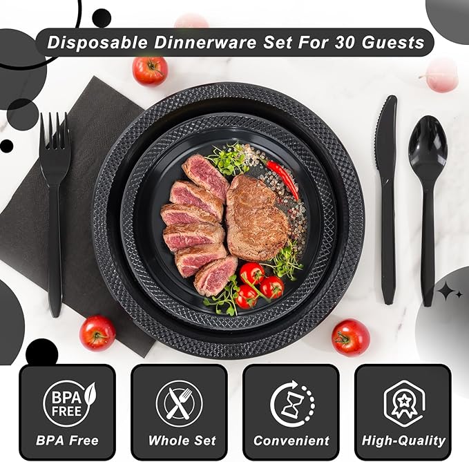 WELLIFE 210 PCS Black Plastic Plates for 30 Guests - Disposable Dinnerware Set Including Dinner Plates, Dessert Plates, 12oz Cups, Cutlery & Napkins, Black Disposable Plates for Party and Birthdays