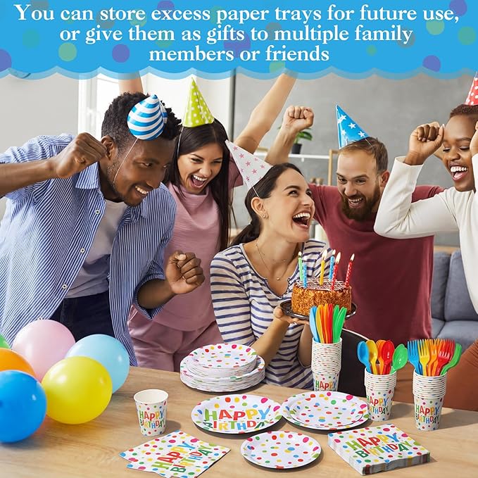 Pickmesh 400 Pcs Happy Birthday Decoration Set, Colorful Polka Dots Plates and Napkins Party Supplies, Disposable Plates and Cups with Plastic Cutlery for Birthday Party Favor