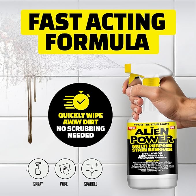 Alien Power 72 Fl Oz Instant Stain Remover Spray for Mold and Mildew and Grout, All Purpose No-Scrub Cleaner for Bathroom & Household Surfaces, Tiles, Wall, Black Mold & Washing Machines - 3 Pack Set
