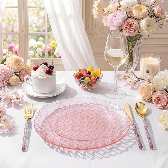 Festiva 60PCS Clear Pink Plastic Plates - Heavy Duty Weave Pattern Fancy Disposable Plates -serve for 30 guests Include 30PCS 10" & 30PCS 7" Plates for Birthday & Easter Party(Pink)