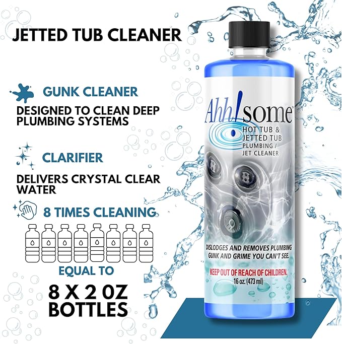 AhhSome Jetted Tub & Hot Tub Cleaner, Powerful Spa Bath Cleaning Solution for Jacuzzis & Whirlpools,16 oz (8 Treatments), Professional Grade Septic Safe Solution for Hot Tubs, Made in USA