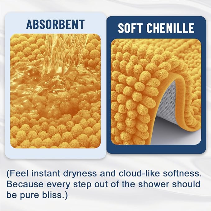 Grandaily Chenille Striped Bathroom Rugs 36x24, Extra Thick and Soft Absorbent Bath Mats, Rubber Backing, Plush Shaggy Shower Carpet, Machine Wash Dry, Bath Rug for Bathroom, Golden Yellow
