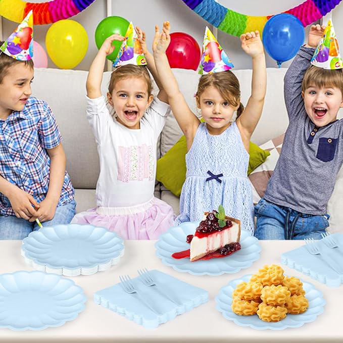 75 Pcs Blue Paper Plates and Napkins, Baby Blue Tableware Set Include Light Blue Scalloped Plates with Shell Edge, Napkins & Plastic Forks for Wedding Baby Shower Birthday Party, Serve for 25 Guests