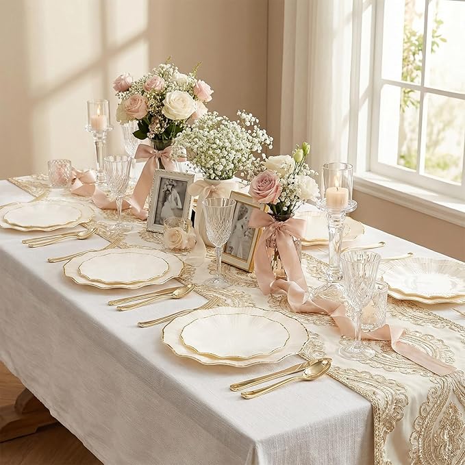 U-QE 150PCS Ivory and Gold Plastic Plates with Gold Disposable Silverware for 30 Guests, Vintage Ivory Plastic Plates Include 30 Dinner Plate,30 Dessert Plate,90 Cutlery for Bridal Shower, Party