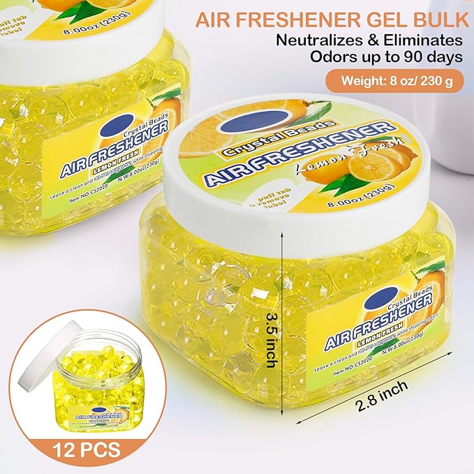 12 Pcs Air Freshener Bulk Odor Gel Eliminator Beads 8 oz Long Lasting Air Freshener Beads Eliminates Odors in Home Bathrooms, Cars, Boats, Rvs and Pet Areas(Lemon)