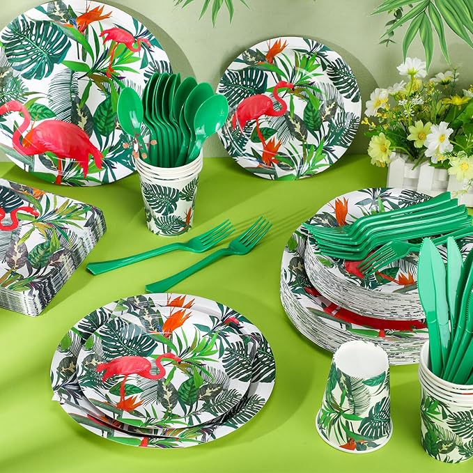 FillTouch 350 Pcs Flamingo Party Supplies Serve 50 Guests Hawaiian Luau Flamingo Birthday Decorations Include Plates Napkins Cups Knives Forks Spoons Disposable Dinnerware Set for Summer Birthday