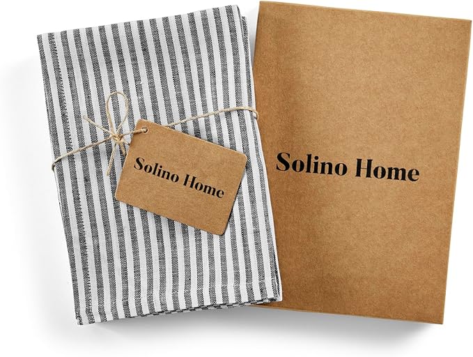 Solino Home Black and White Linen Kitchen Towels Set of 2-100% Pure Linen 17 x 26 Inch Narrow Stripe Tea Towels with Hanging Loop - European Flax Kitchen Dish Cloth - Quick Dry & Machine Washable
