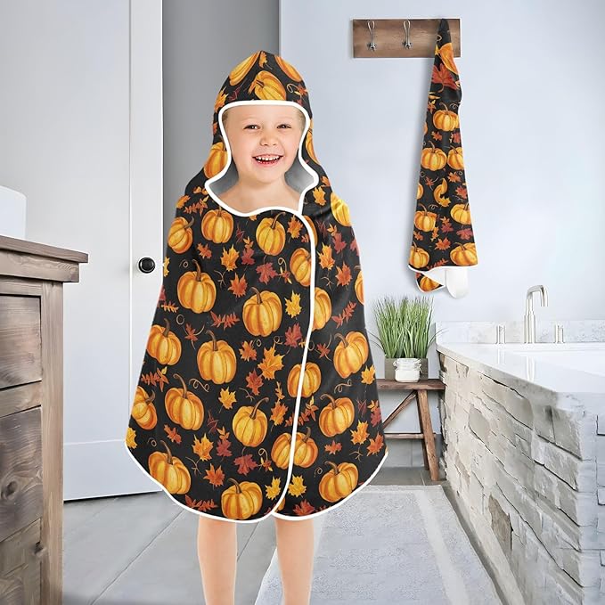 Kids Hooded Beach Towel Autumn Pumpkin Fall Maple Leaf Thanksgiving Hooded Boys Girls Towel Soft Bath Towels with Hood