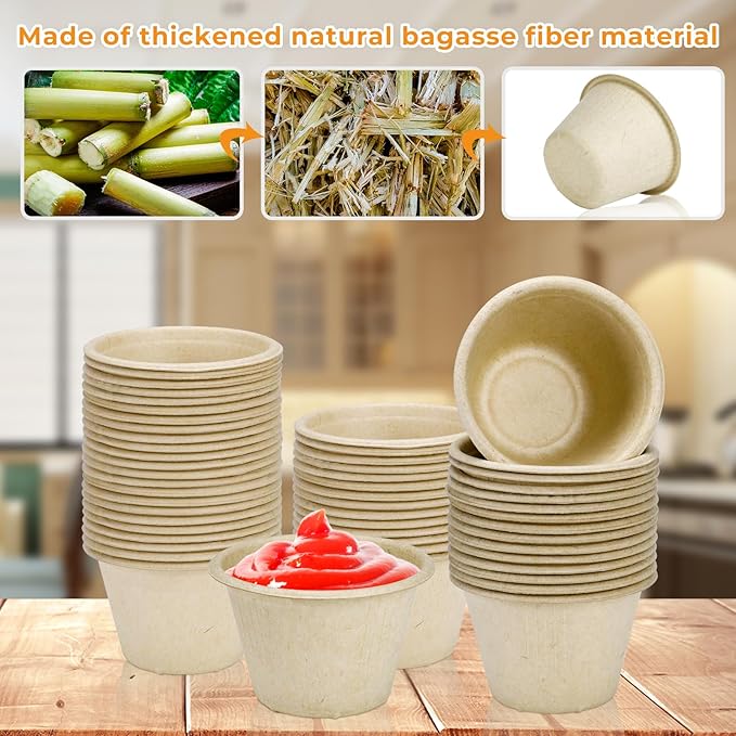LeonBach 150 Pack 4oz Natural Bagasse Fiber Sauce Cups, Compostable Small Disposable Paper Dipping Bowls Biodegradable Condiment Portion Sample Snack Charcuterie Serving Tasting Cups