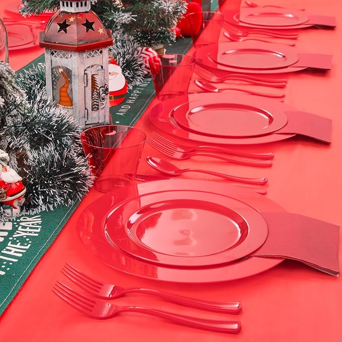 Gather 176 Pieces Red Plastic Plates- Red Heavy Duty Disposable Plates Dinnerware 50Plates, 75 Plastic Silverware, 25 Napkins, 25 Cups Bonus 1 Red Plastic Tablecloth for Party& Wedding &Mother's Day