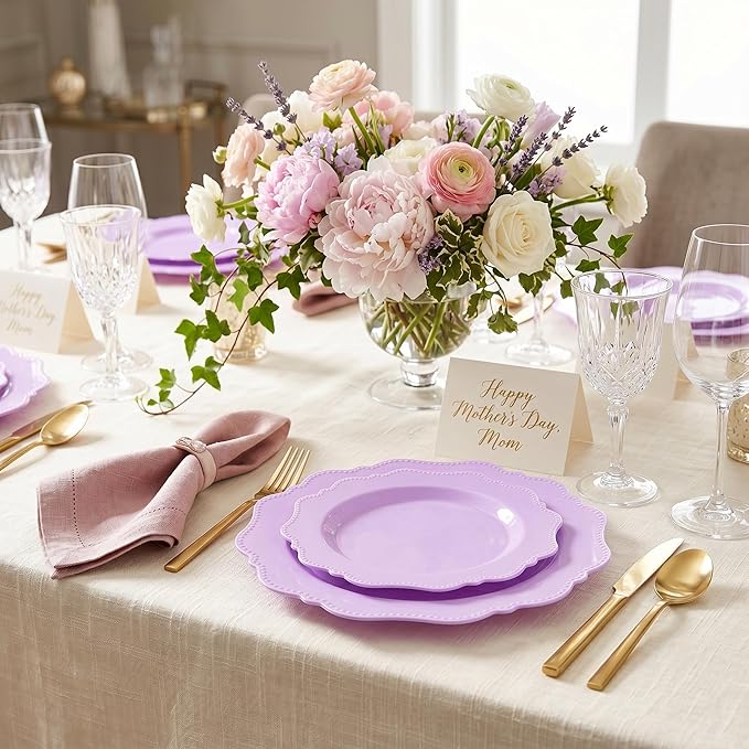 COLOSUS 60Pcs Lavender Purple Plastic Plates set,Heavy Duty Purple Disposable Plates include 30 Dinner plate 10.5” and 30 Salad/Dessert Plate 8.25” for Party and wedding