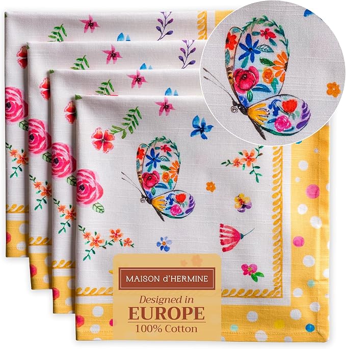 Maison d' Hermine 100% Cotton Cloth Napkins Set of 4 Everyday Reusable Square Napkins Cloth Washable Dinner Party Wedding Restaurant Hotel Kitchen Spring Summer (Happy Florals - Sweety, 20" x 20")