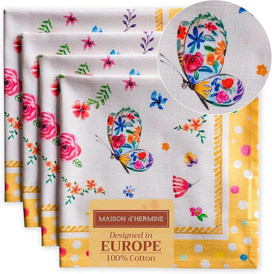 Maison d' Hermine 100% Cotton Cloth Napkins Set of 4 Everyday Reusable Square Napkins Cloth Washable Dinner Party Wedding Restaurant Hotel Kitchen Spring Summer (Happy Florals - Sweety, 20" x 20")