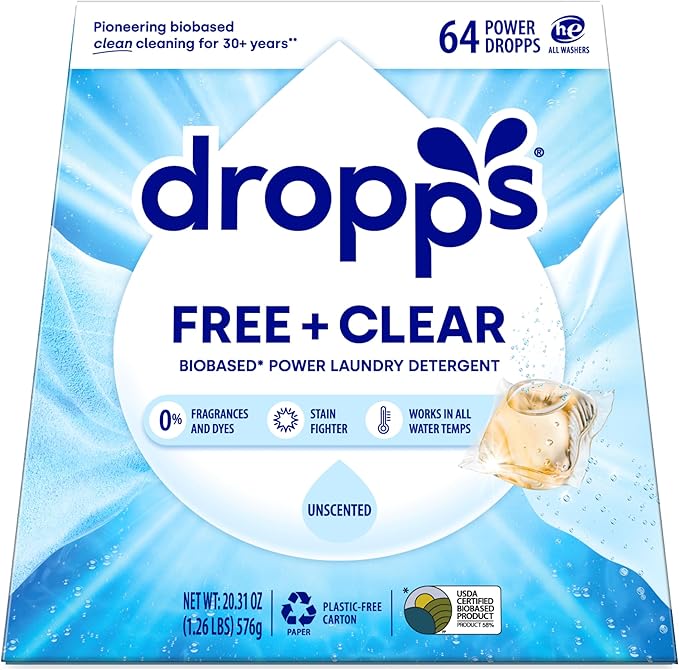 Dropps Free & Clear Laundry Detergent Pods (64 Count) - Unscented Laundry Pods | Fights Odors & Stains | Free of Dyes Parabens & Perfumes | Hypoallergenic | Clean Ingredients | Plastic Free Packaging