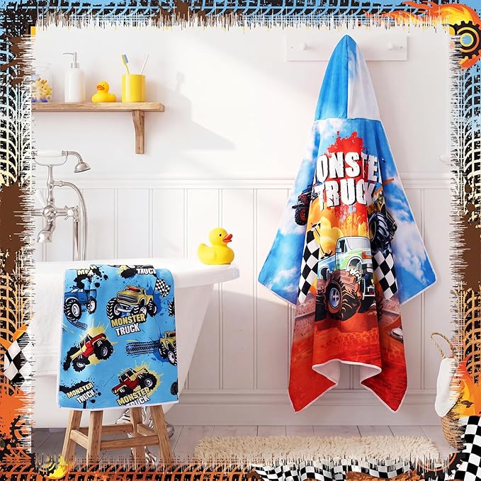 Fanfanwin 2 Pack Monster Truck Themed Bath Towel Beach Hooded Bath Towel 37.8x23.62 Inches Monster Truck Poncho with Snap Buttons Hood Soft Microfiber Rapid Dry for Beach, Pool, Swim, Travel, Home Use