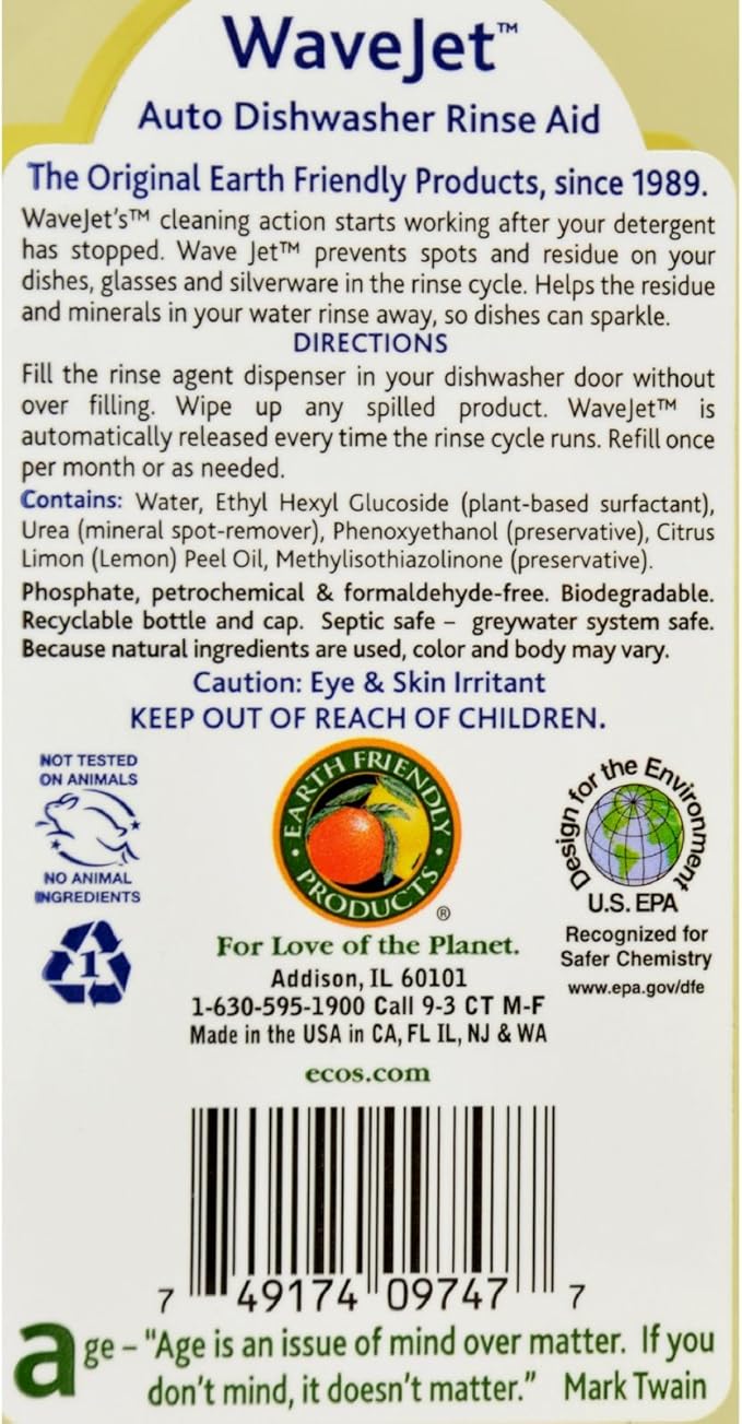 Earth Friendly Wave Jet Auto Dishwasher Rinse Aid - Made from Plant - 8 fl oz (Pack of 4)
