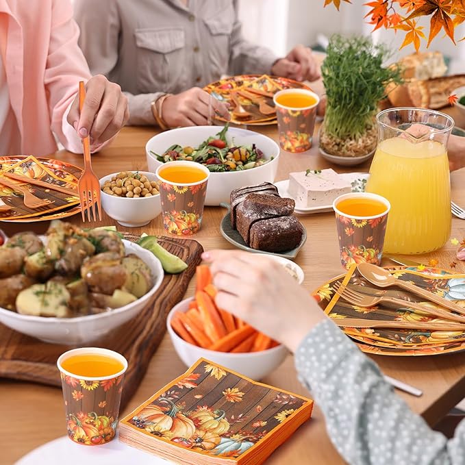 Pickmesh 400 Pcs Thanksgiving Plates and Napkins Set, Fall Pumpkin Paper Plates and Cups with Plastic Cutlery, Pumpkin Maple Leaf Disposable Tableware for Autumn Harvest Party Supplies