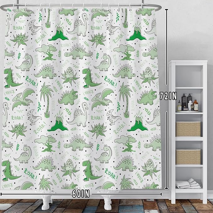 Baocicoo Cute Cartoon Dinosaur Shower Curtain Sets Green Animals Plants Bath Curtain for Boys Girls Bathroom Decorations Polyester Fabric Waterproof Curtains for Bathroom with Hooks 60x72 Inches