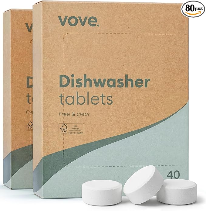 Vove Dishwasher Detergent Tablets, 80 Count Value Pack - Plastic-Free, No PVA, No Microplastics - 2x Enzyme Power for Sparkling Dishes - Plant-Based, Fragrance-Free, Biodegradable, Septic Safe
